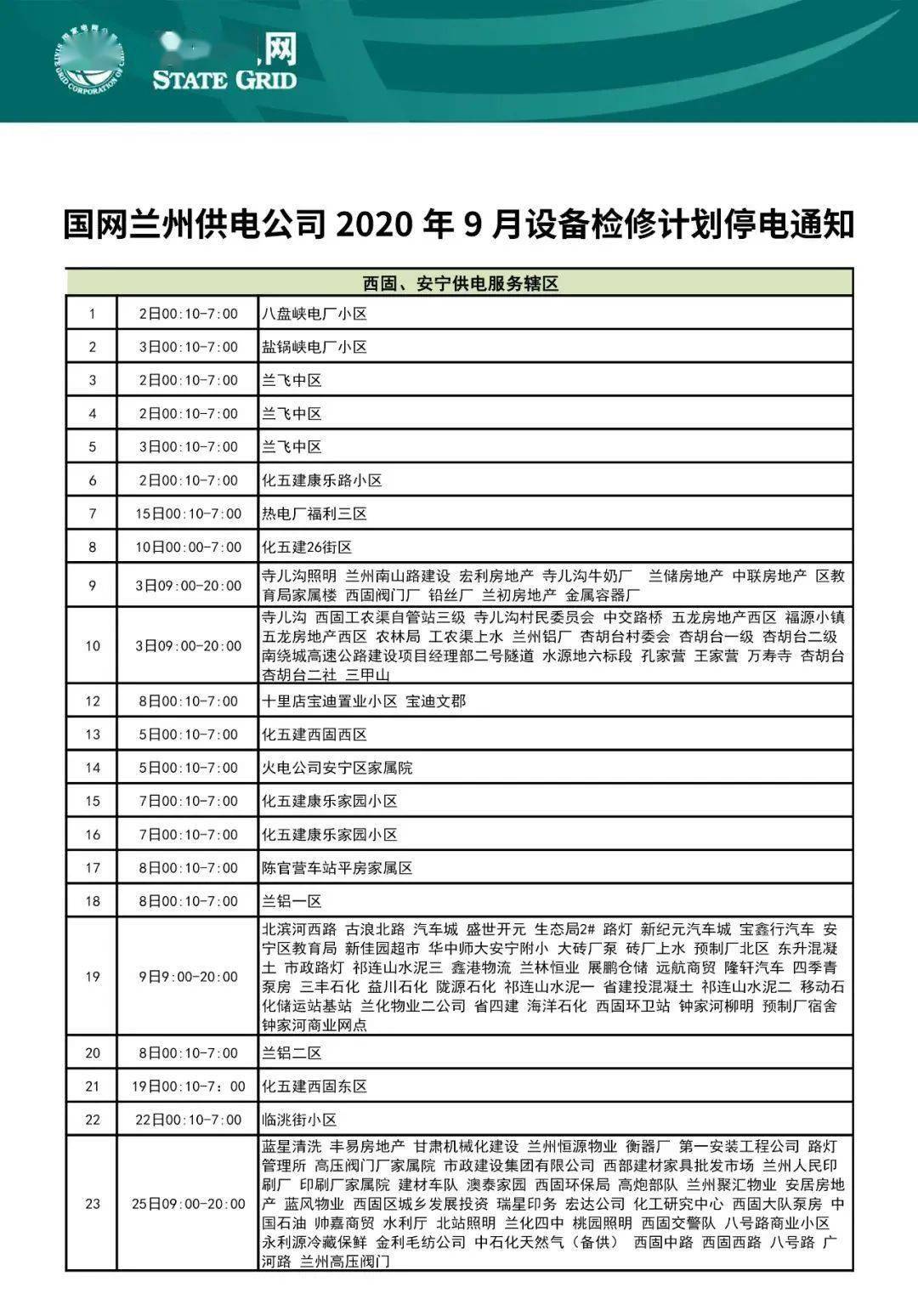 兰州10月份最新停电通知公告